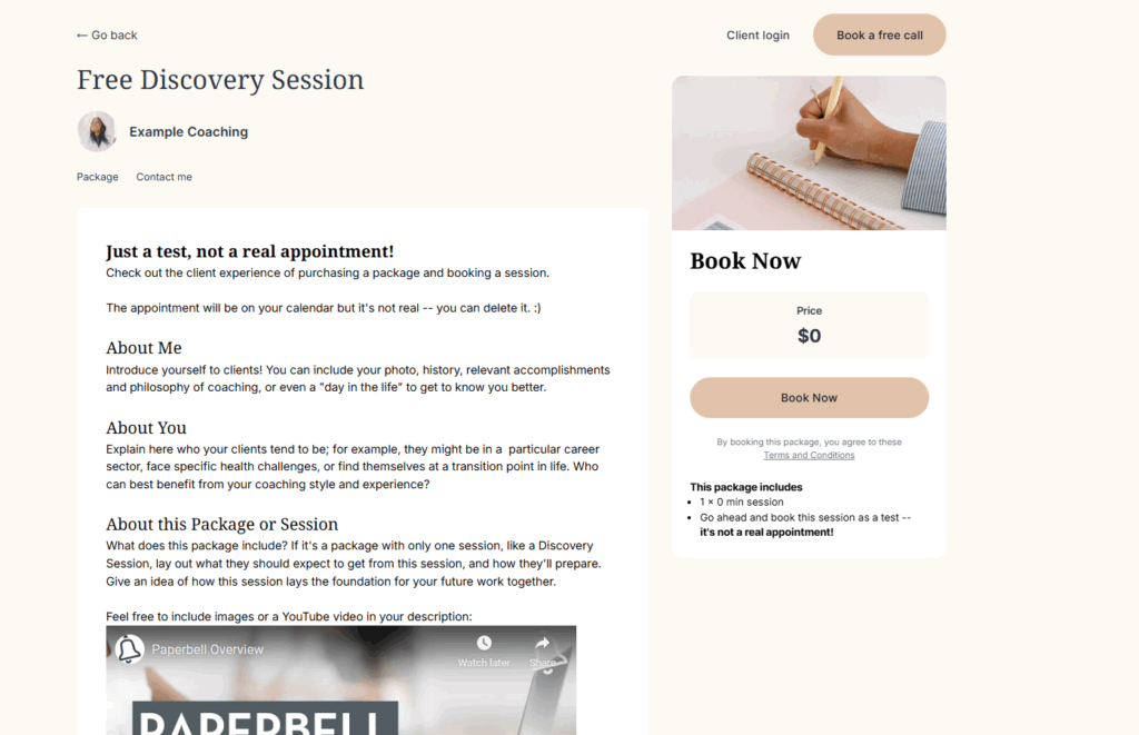 coachiang client portal Paperbell example booking page