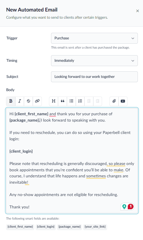 coaching client portal email smart fields