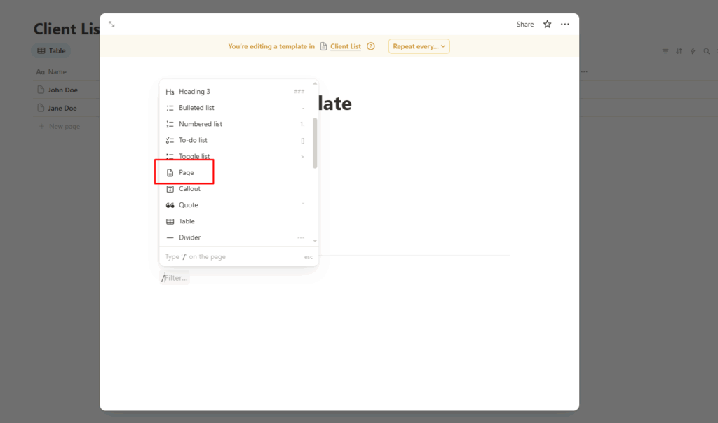 coaching client portal notion database client list subpage