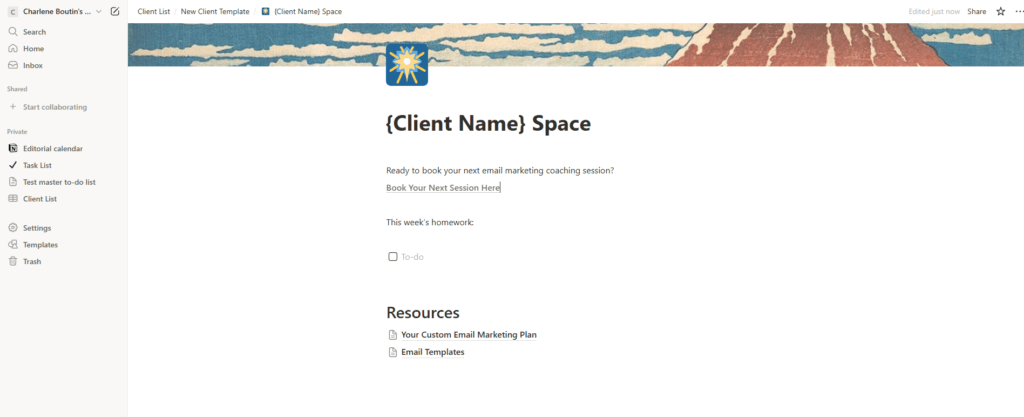 coaching client portal notion database client list subpage customization example