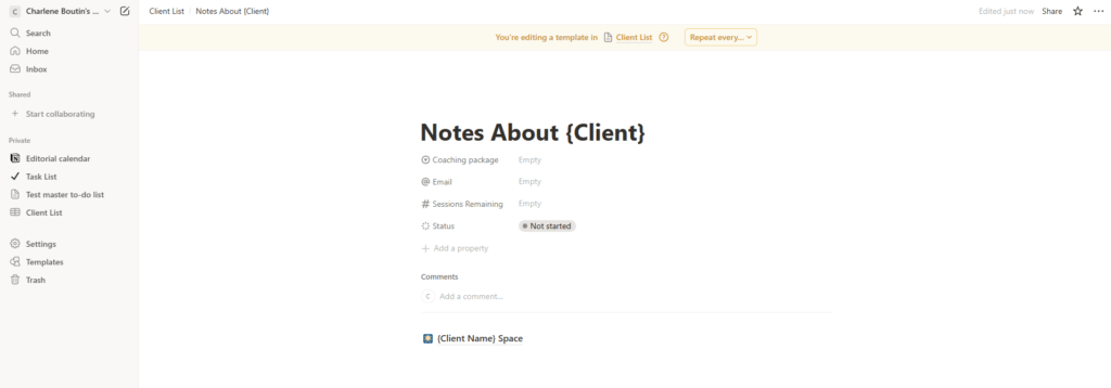 coaching client portal notion database client list subpage internal custom