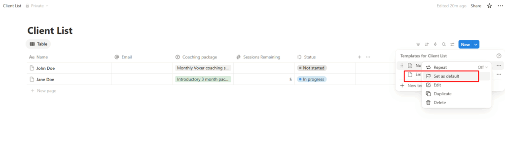 coaching client portal notion database default