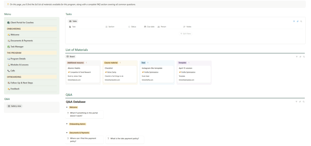 coaching client portal notion free template materials