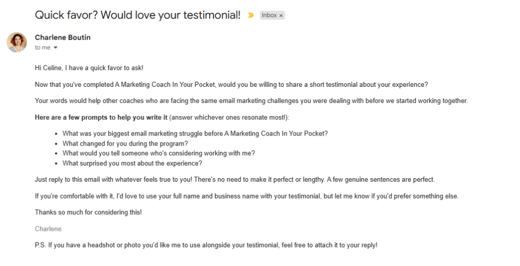 automate emails for coaches testimonial