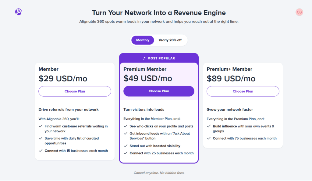 what is alignable pricing plans