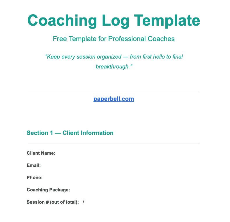 Coaching log template preview showing 12 sections including client info, session notes, action items, and coach reflection