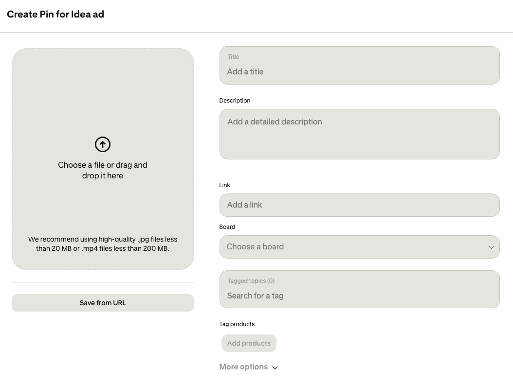 Pinterest Create Pin upload flow (2026 UI)