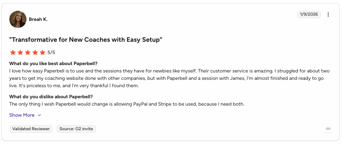 Breah K. five-star G2 review on Paperbell's easy setup for new coaches