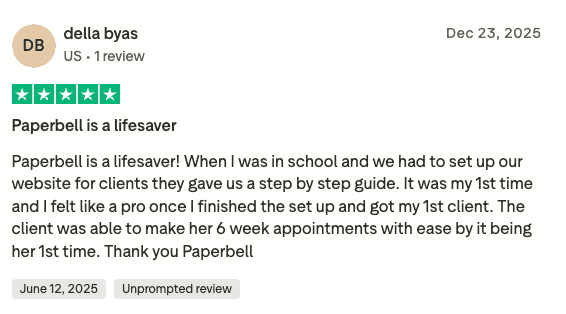 Della Byas five-star Trustpilot review on the Paperbell client booking experience