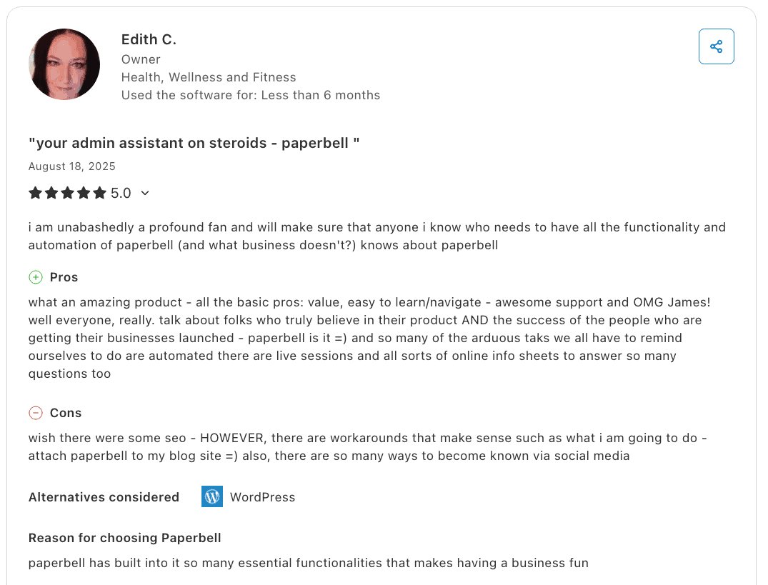 Edith C. five-star Capterra review praising Paperbell's automation and functionality