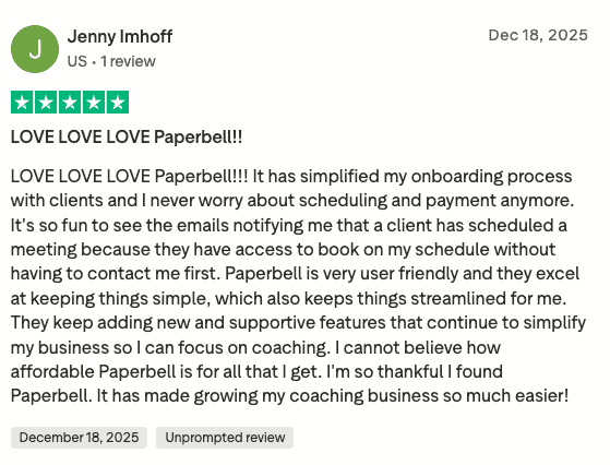 Jenny Imhoff five-star Trustpilot review on Paperbell's affordability and value
