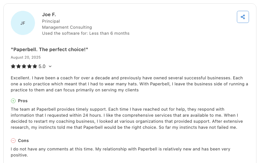 Joe F. five-star Capterra review on Paperbell as an all-in-one coaching platform
