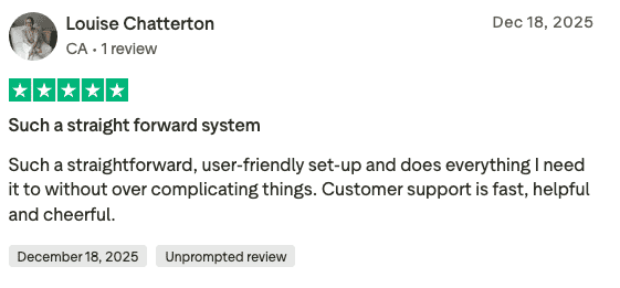 Louise Chatterton five-star Trustpilot review on Paperbell's user-friendly setup