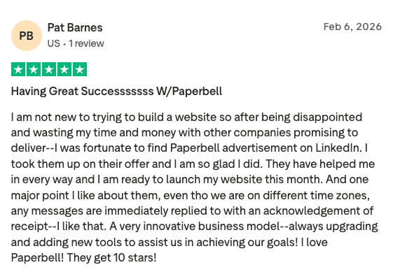 Pat Barnes five-star Trustpilot review on launching a website with Paperbell