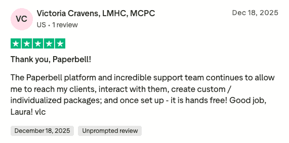 Victoria Cravens five-star Trustpilot review praising Paperbell's support team