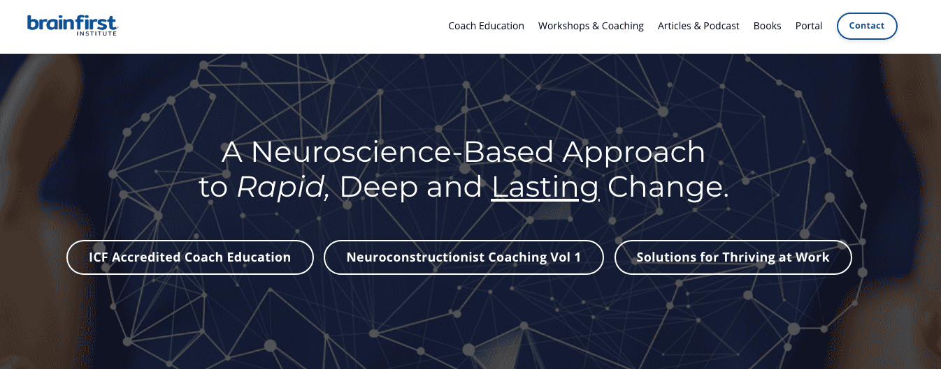 BrainFirst Institute homepage showing the Neuroscience Certified Coach Program