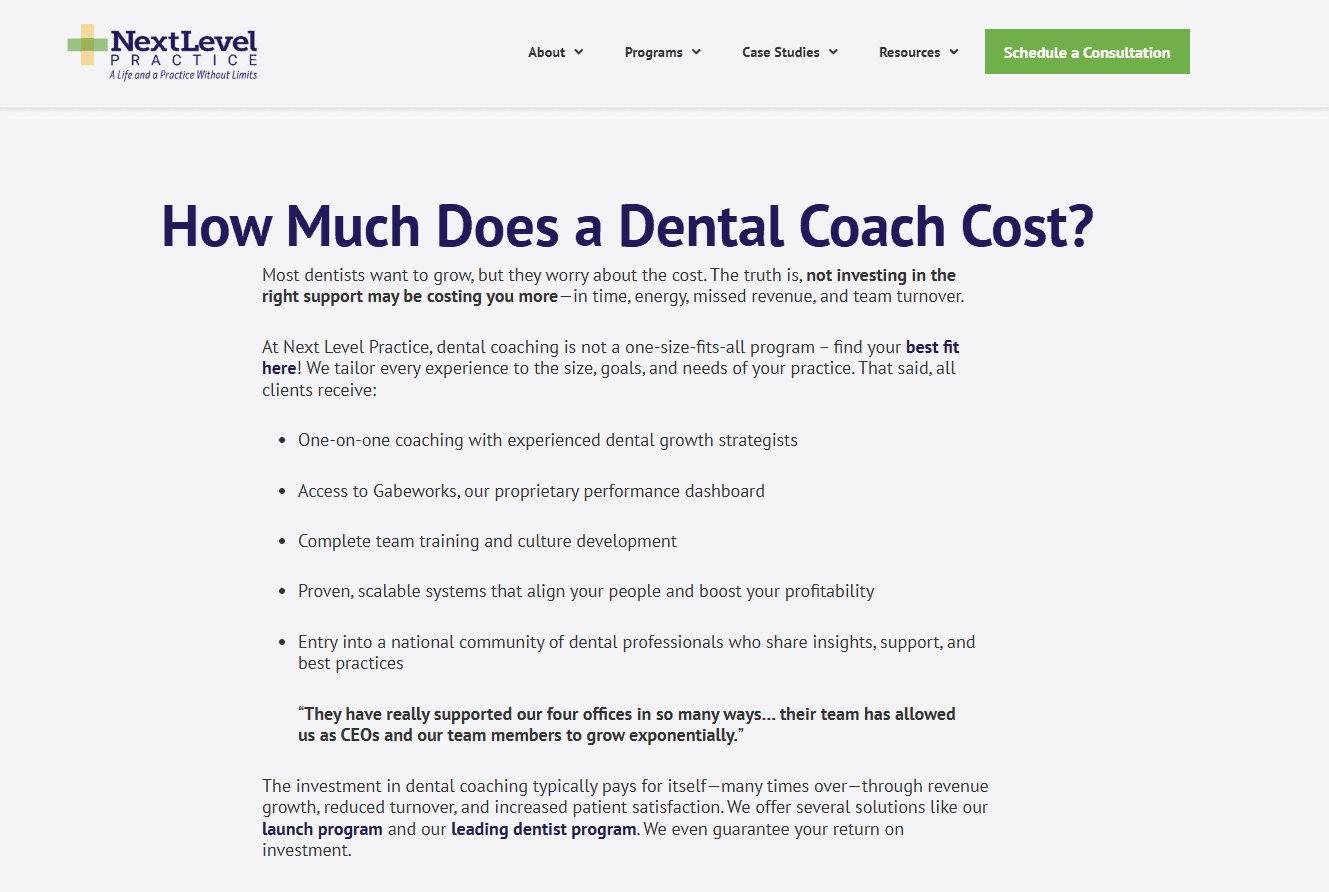 Next Level Practice page about dental coach costs, showing no published pricing