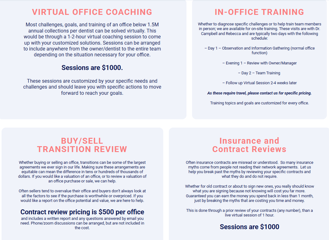Practice Whisperer pricing page listing four dental coaching service tiers